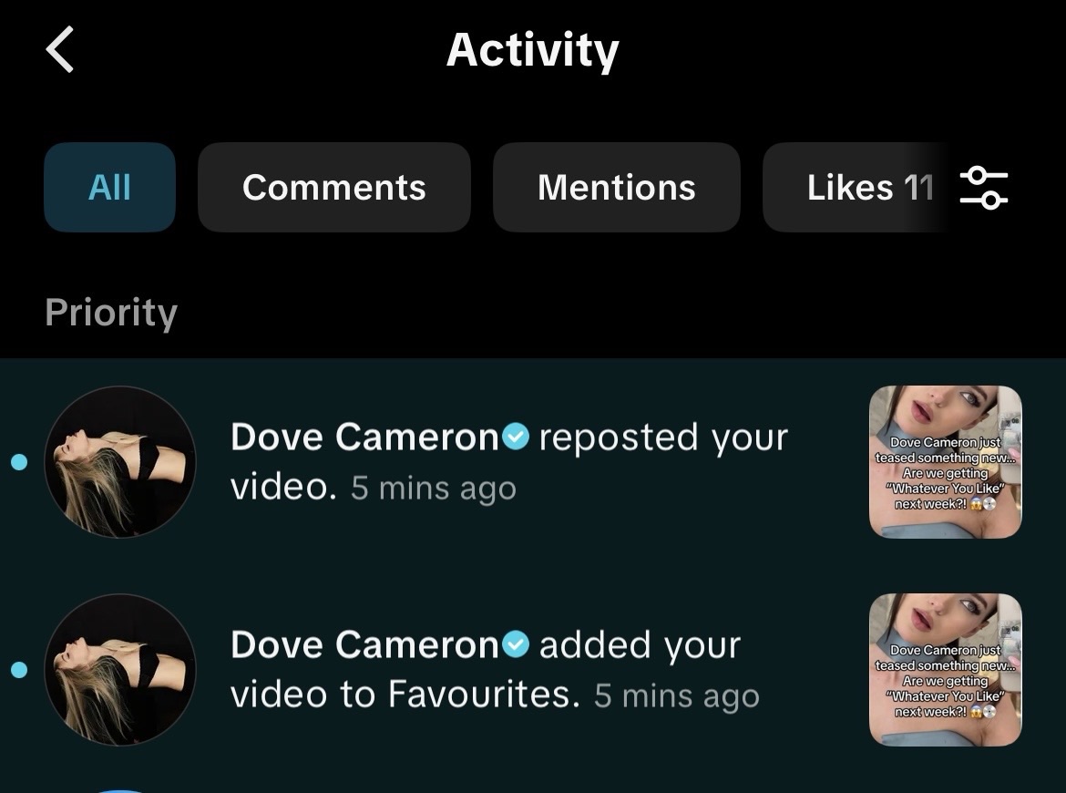 Screenshot of Dove Cameron reposting and favouriting a DovelyTom TikTok video