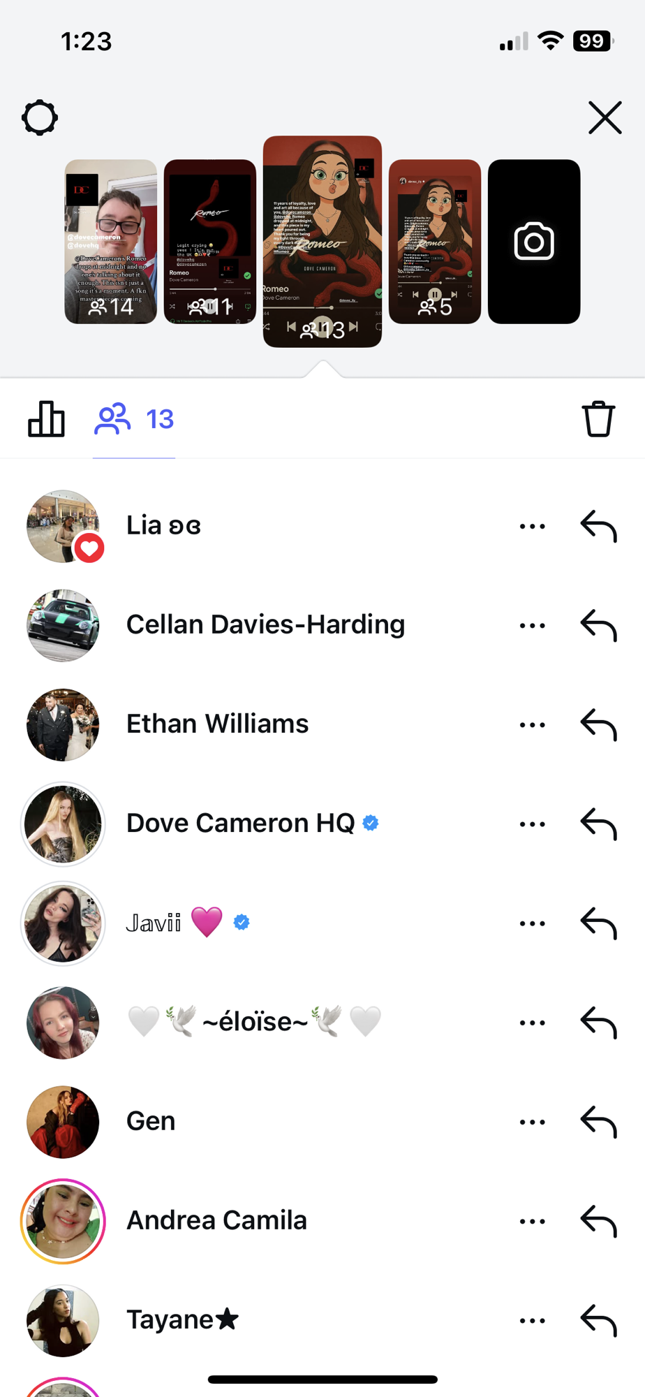 Screenshot showing Dove Cameron HQ viewed DovelyTom's stories multiple times