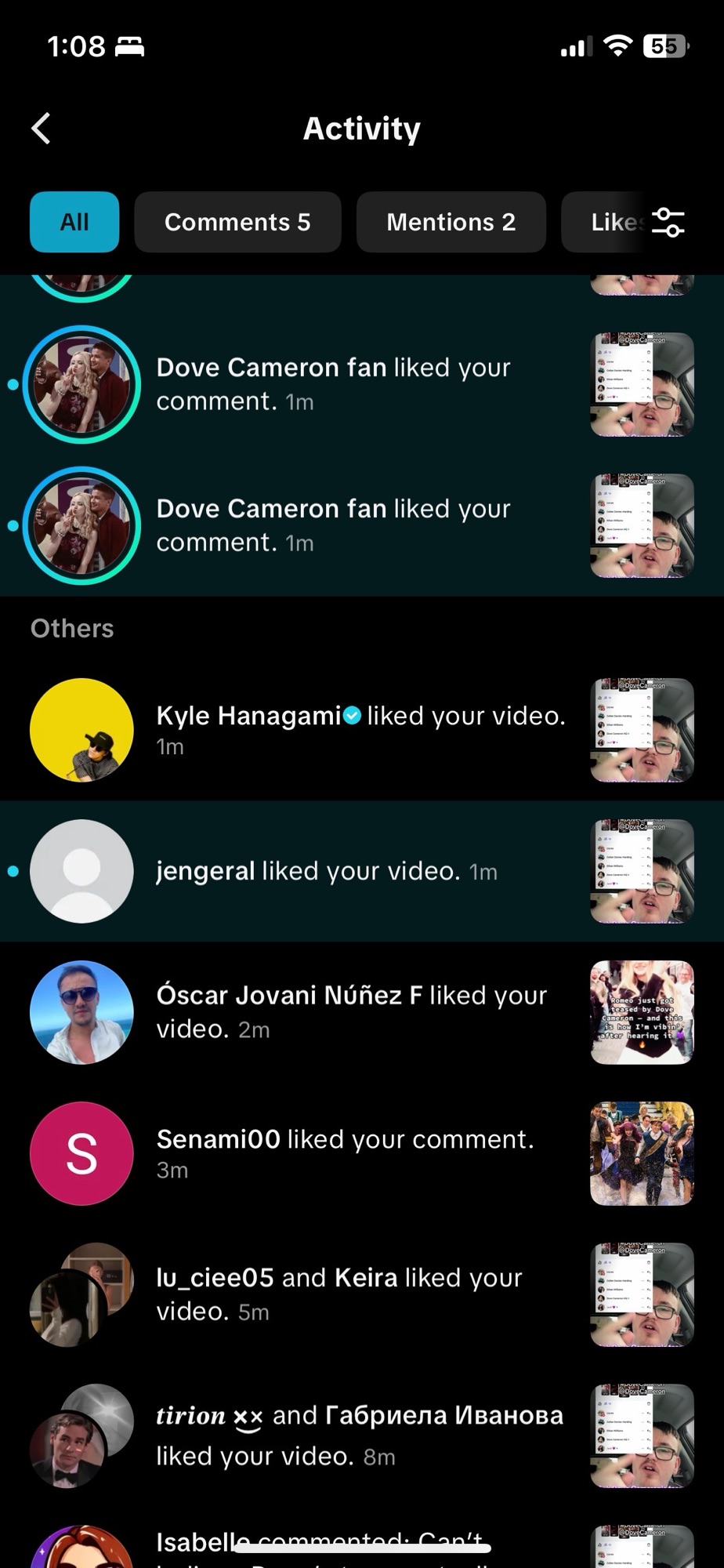 Screenshot of choreographer Kyle Hanagami liking a DovelyTom TikTok video