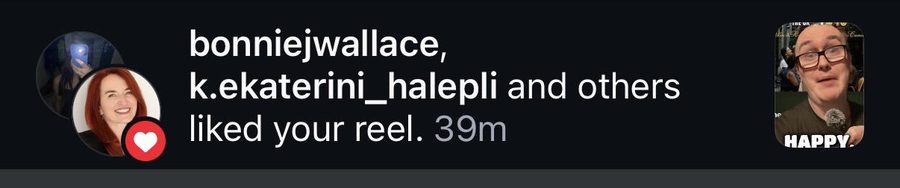 Instagram notification showing Bonnie J. Wallace liked a DovelyTom reel