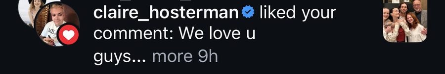 Instagram notification showing Claire Hosterman liked a DovelyTom comment