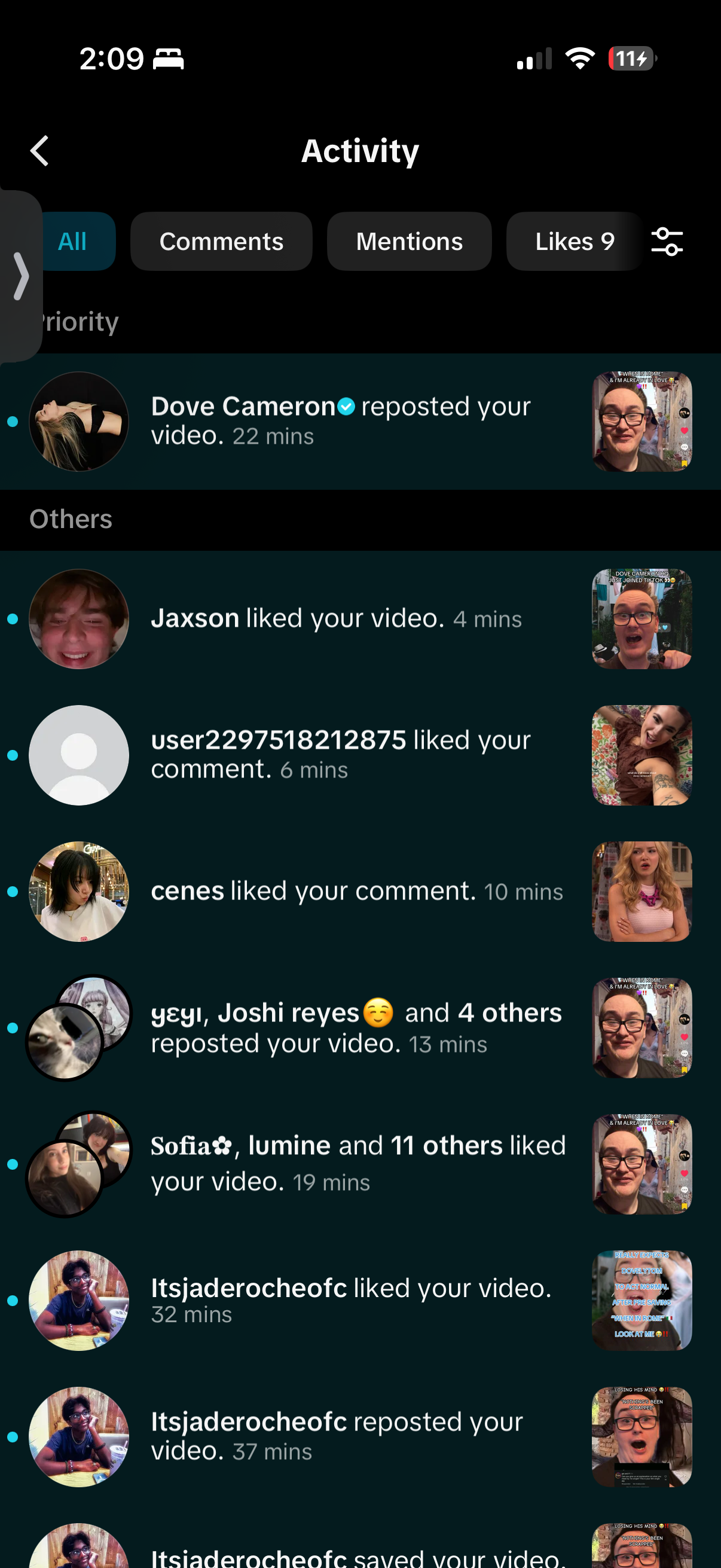 Dove Cameron repost of a DovelyTom TikTok video about When In Rome, September 2026